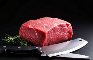 Ein Steak von der Metzgerei Seitz Friedrichsdorf vor einen dunklem Hintergrund